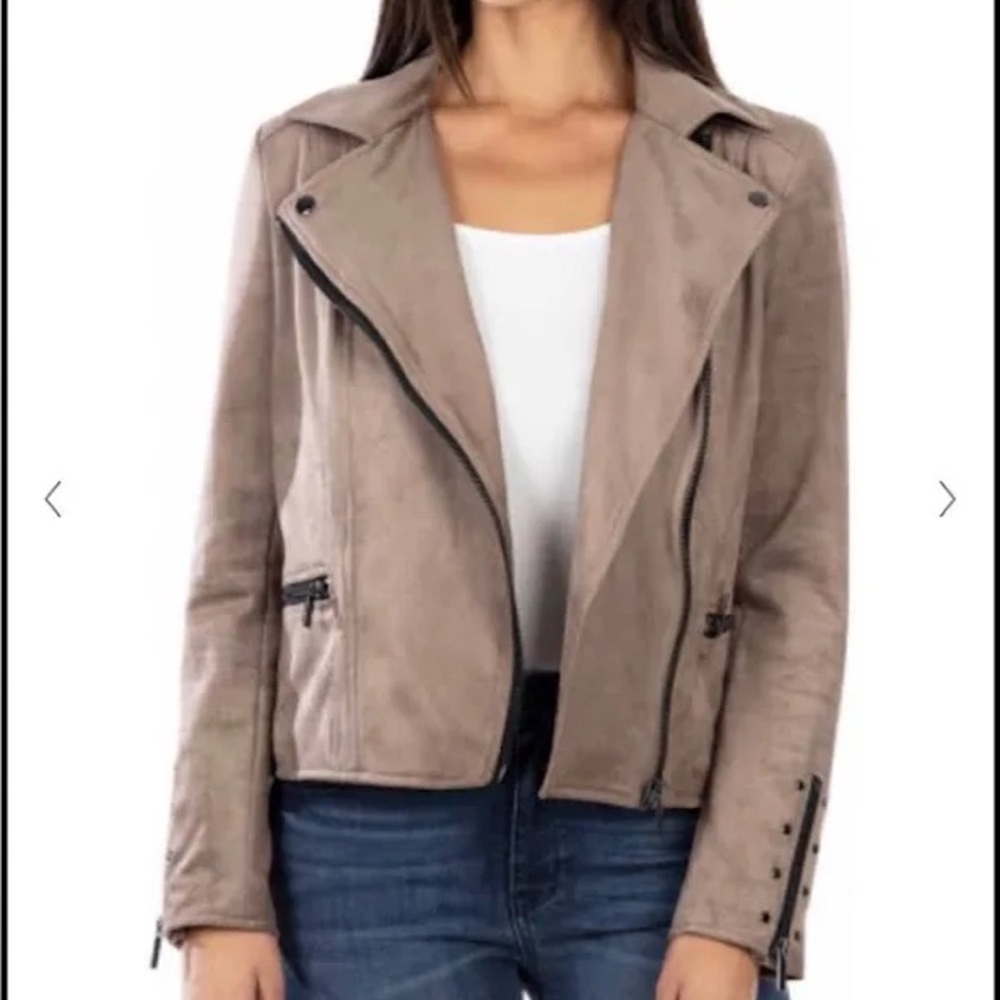 Kut from the Kloth Eveline asymmetrical faux suede taupe moto jacket size medium